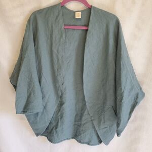 MAYBE COLLECTION OS S M L Teal Modernist 100% Linen Lagenlook Open Kimono Jacket
